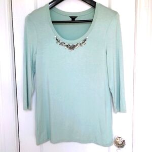 New Ann Taylor top, crystals. M Scoop neck, long sleeve Tee, Aqua, Rayon.Spandex